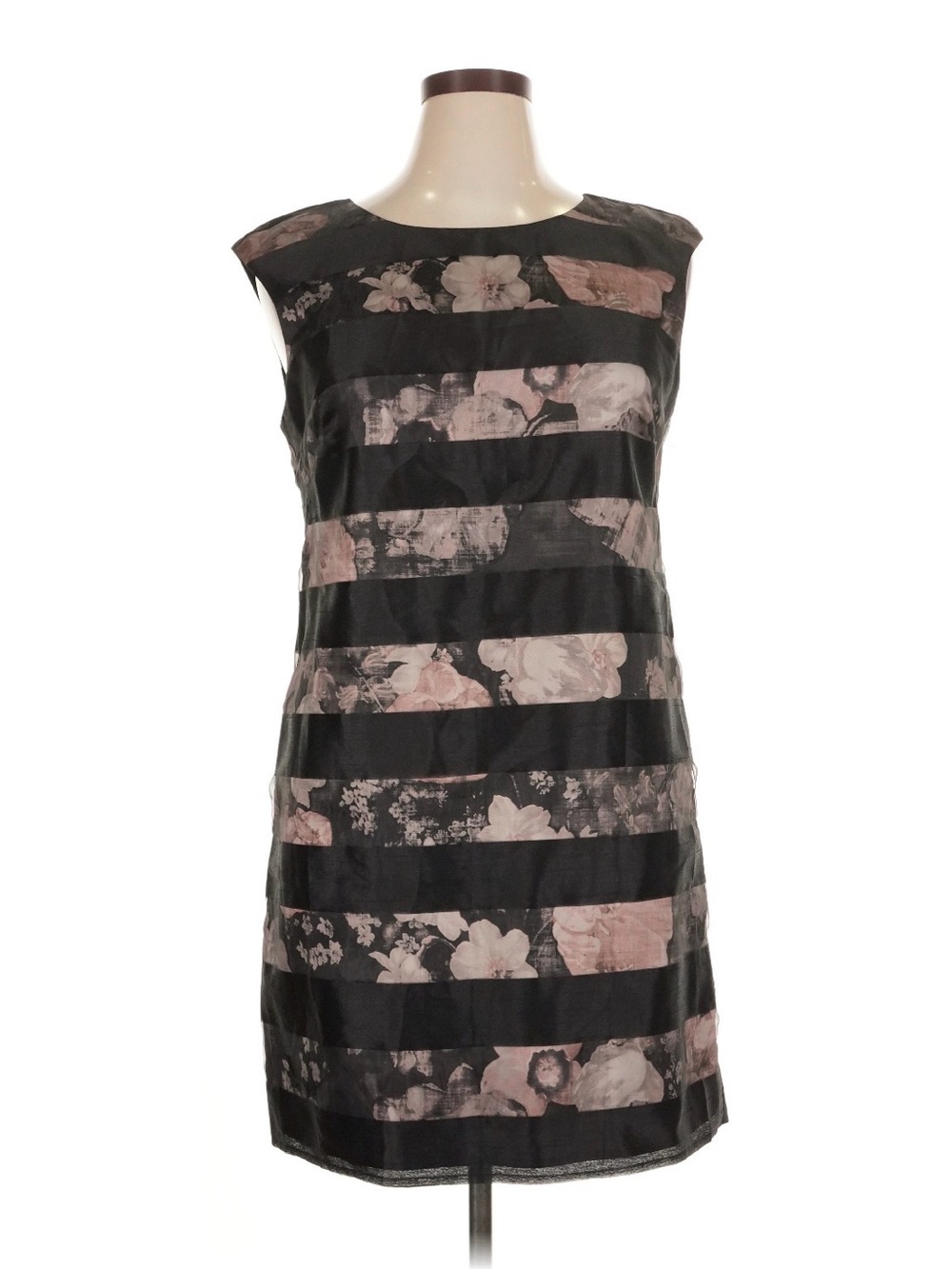 Vince Camuto Black and Blush Floral Stripe Sleeveless Shift Dress